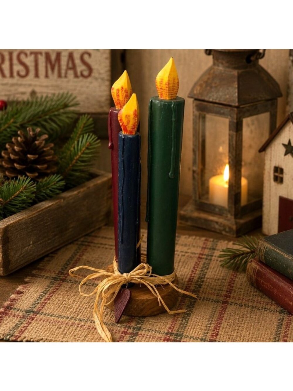Handcrafted Wooden Candle Trio Raffia Bow Rustic Home Decor Christmas